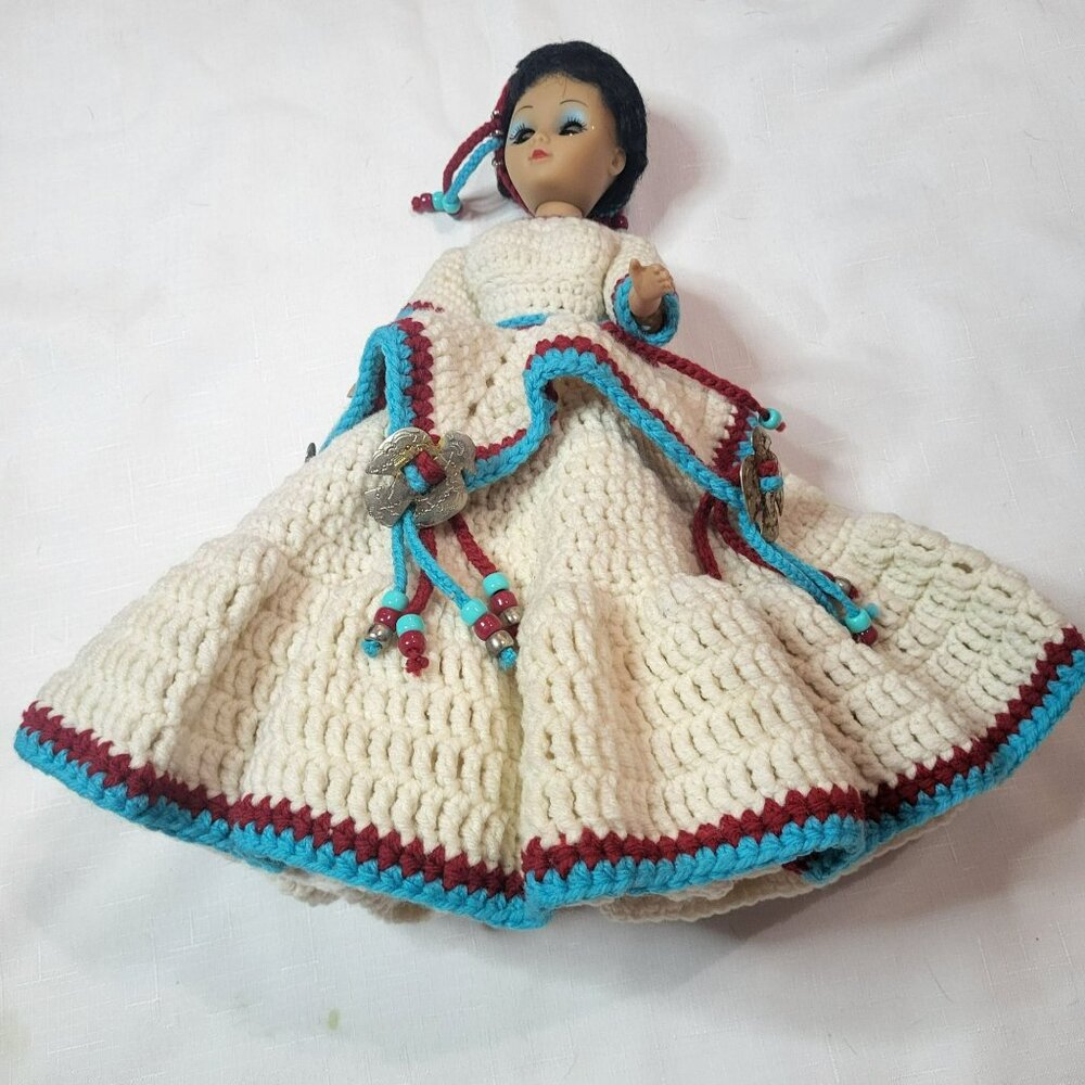 Vintage Handcrafted Doll With Crochet Dress - Intricate Beadwork & Embellishment
